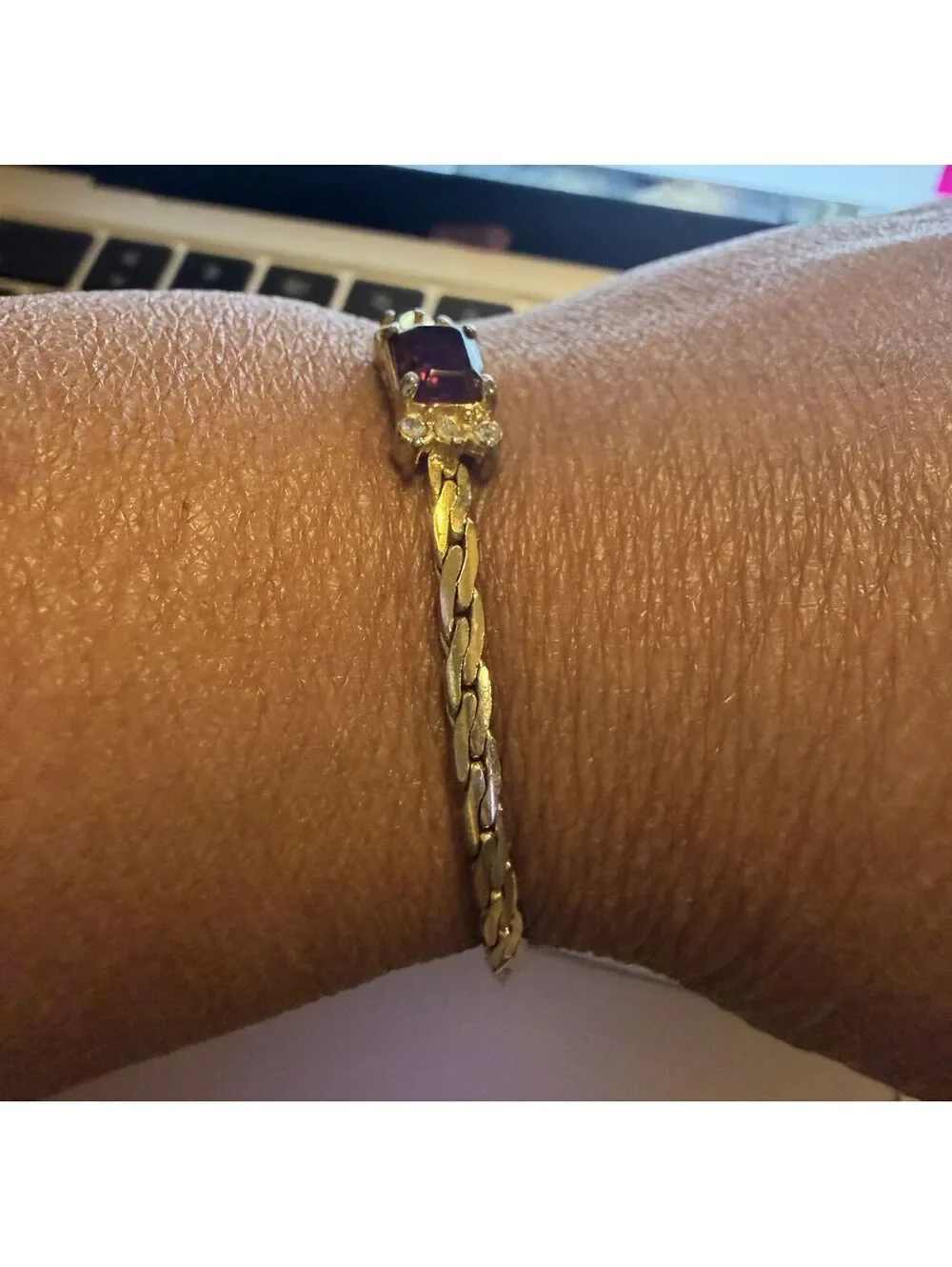 BRACELET Gold-Tone Bracelet with Purple Gemstone and Clear Rhinestones 7